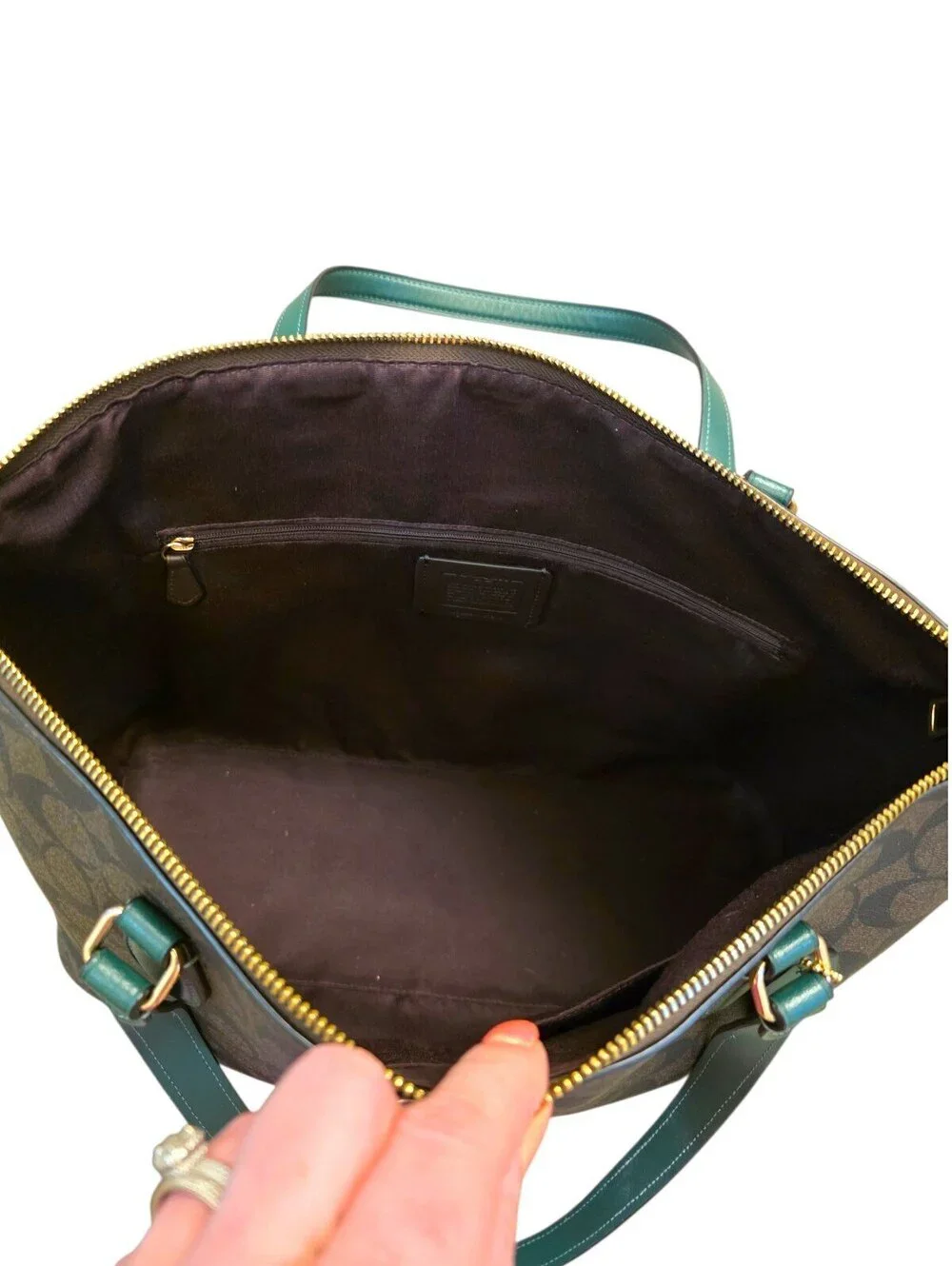 Coach CH504 Signature C Pine Green Leather Large Tote Bag Brown Gold HTF